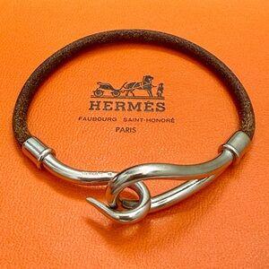 HERMÉS Silver Jumbo Hook Brown Leather Bracelet